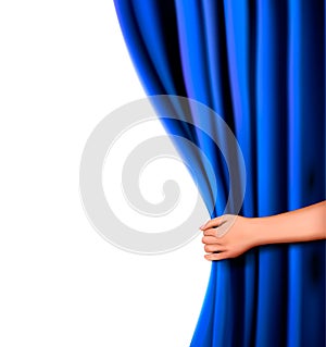 Background with blue velvet curtain and hand