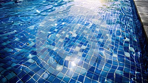 background with blue water surface of swimming pool with tiles and ripples in sun light