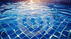 background with blue water surface of swimming pool with tiles and ripples in sun light