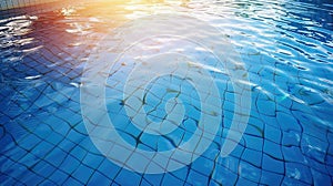 background with blue water surface of swimming pool with tiles and ripples in sun light