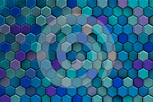 Background of bluish 3d hexagons with relief and brights.