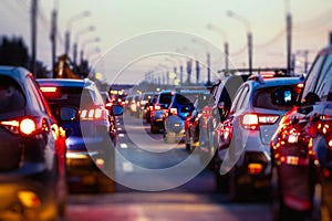 Background, blur, out of focus, bokeh. Evening Traffic Jam on a Busy City Street During Rush Hour