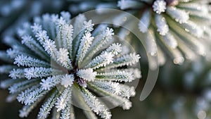 Background is blurred emphasizing the focus on the frosted needles in the
