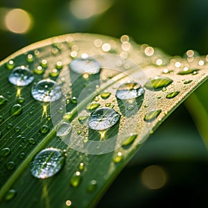 The background is blurred, emphasizing the leaf and droplets