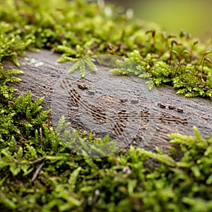The background is blurred, emphasizing the log and its microecosystem