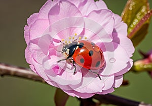 Background is blurred, highlighting the ladybug and blossom in sharp