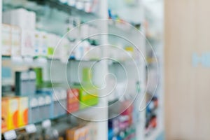 Background of blurred qualified pharmacy abstract background with drugs on shelf