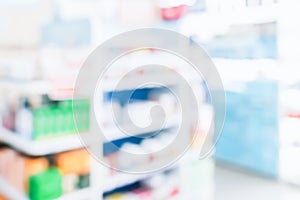 Background of blurred qualified pharmacy abstract background with drugs on shelf