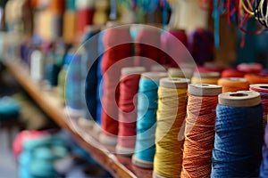 Background from bobbins with multi-colored sewing threads.