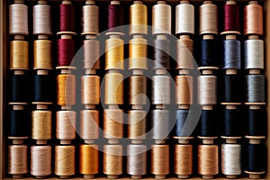Background from bobbins with multi-colored sewing threads