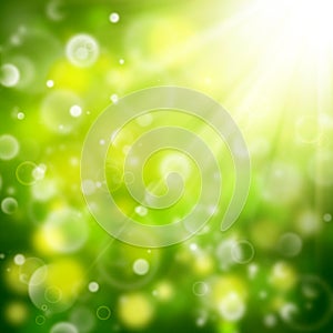 Green bokeh background, summer, spring, yellow white, circles, spots, rays, blurred