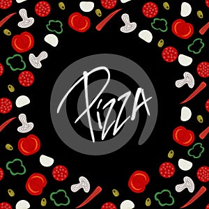 Background border frame with various pizza ingredients on the black fond