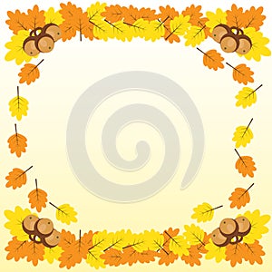 Background with a border of oak branches with leaves and acorn
