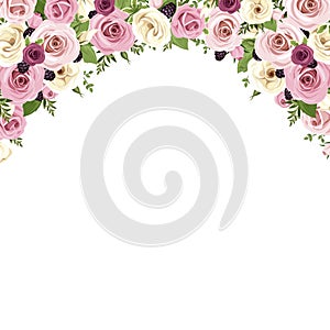 Background border with pink and white roses and lisianthus flowers. Vector illustration.