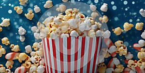 background box blue cinema popcorn food corn red film bucket snack. Generative AI.