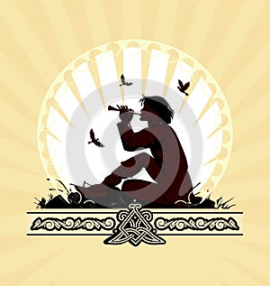 Background with boy playing on panpipe