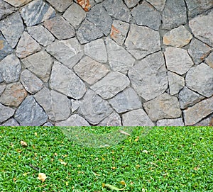 background of brick stone wall and grass floor texture photo