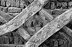 Background of brick wall Wood Cross issued photo photo