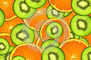 Background bright fruit, oranges and kiwi