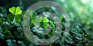 background of bright green clover leaves with drops of dew. Happy St Patricks Day, banner, copy space