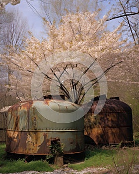 The background of broken and rusty tanks only accentuates the softer beauty of trees in bloom in the foreground