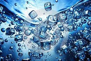 Bubbles in blue water after ice cubes drop