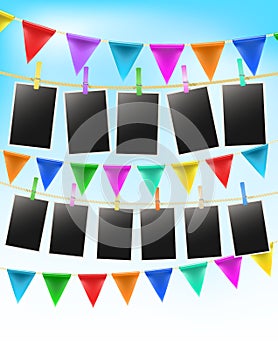 Background bunting flags and photo frames on blue sky. vector