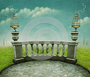 Background with cage on railing.