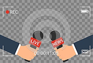 Background with camera frame and record or rec vector isolated. focus TV in live news flat design. hand holding mic