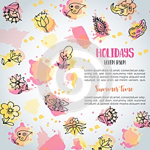 Background card with flowers. Hand drawn floral elements. Enjoy summer text Vector template banners for poster