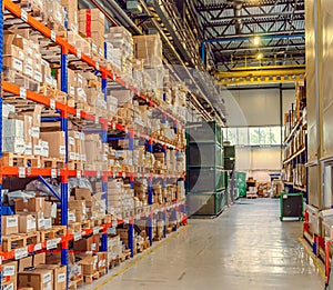 Background cardboard boxes inside the warehouse. Logistics center. The composition filled with cardboard boxes