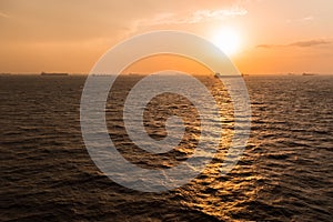 Background of cargo ship anchorage.