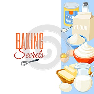 Background with cartoon food: baking ingredients - flour, eggs, butter, salt, whipped cream, milk. Vector illustration.