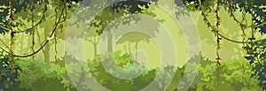 Background cartoon green leafy forest with lianas photo