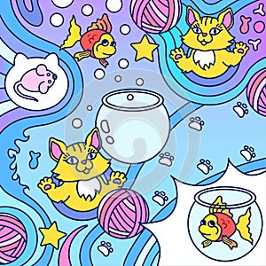 Background with cats, clews, fishes,aquariums and mouses.