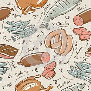 Background with chick, fish, salami and sausage
