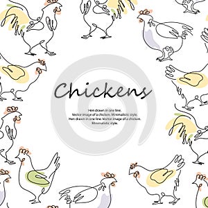 Background with chickens and roosters. Rooster and hens drawn in one line.