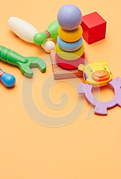 Background of children`s educational toys. top view close-up. toys for young children. games for the development of the child.