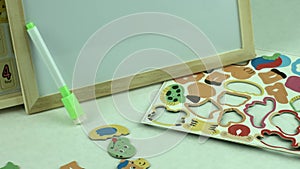 Background of children`s educational toys. top view close-up. toys for young children. games for the development of the child