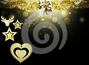 Background christmas stars black gold deer heart snow decorations blur illustration new year