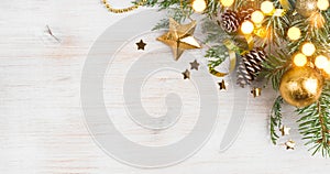 Background of Christmas decoration and glitters, copy space on side