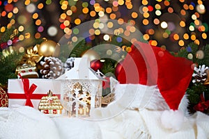 Background from christmas decoration with lights on dark, happy new year and winter holiday concept