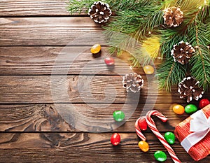 Background with Christmas decorations on a wooden brown table
