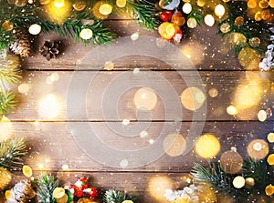 Background with Christmas decorations on a wooden brown table