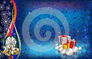 background with Christmas gifts decorations and snowflakes