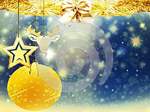 Background christmas gold blue yellow ball heart deer snow stars decorations blur illustration new year