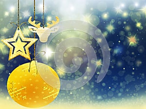 Background christmas gold blue yellow heart ball deer snow stars decorations blur illustration new year