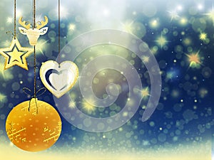 Background christmas gold blue yellow heart deer ball snow stars decorations blur illustration new year