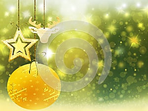 Background christmas gold green yellow heart deer ball snow stars decorations blur illustration new year