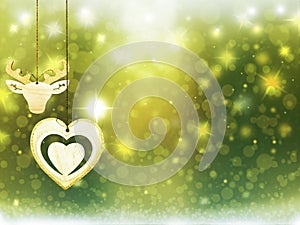 Background christmas gold yellow green heart deer snow stars decorations blur illustration new year